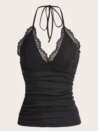 Lace V-Neck Backless Ruched Halter Crop Top Grunge Goth Y2K Streetwear for Women