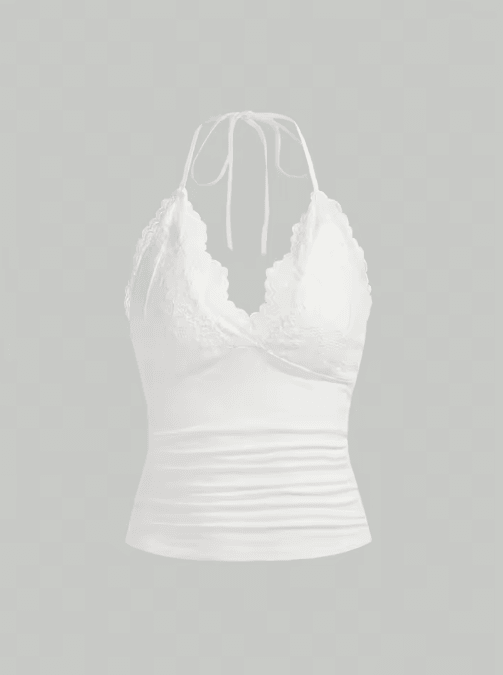 Lace V-Neck Backless Ruched Halter Crop Top Grunge Goth Y2K Streetwear for Women