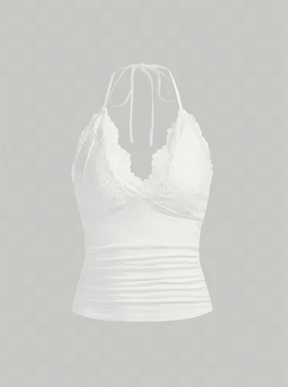 Lace V-Neck Backless Ruched Halter Crop Top Grunge Goth Y2K Streetwear for Women