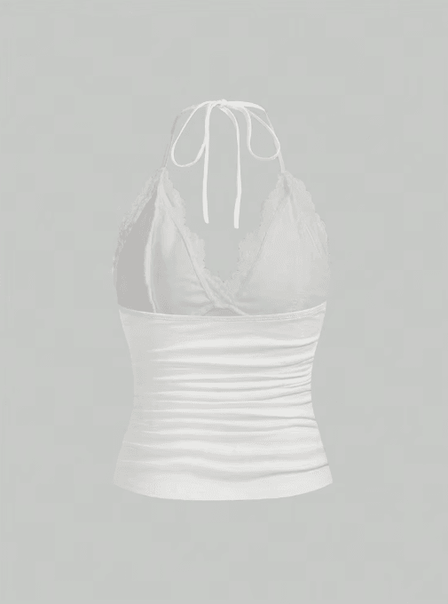 Lace V-Neck Backless Ruched Halter Crop Top Grunge Goth Y2K Streetwear for Women