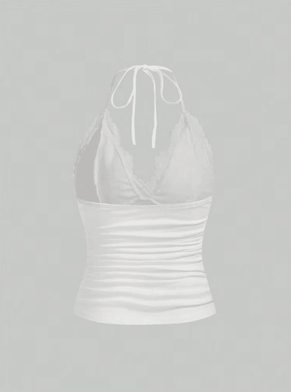 Lace V-Neck Backless Ruched Halter Crop Top Grunge Goth Y2K Streetwear for Women