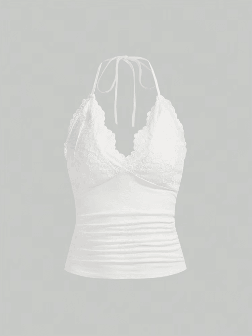 Lace V-Neck Backless Ruched Halter Crop Top Grunge Goth Y2K Streetwear for Women