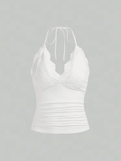 Lace V-Neck Backless Ruched Halter Crop Top Grunge Goth Y2K Streetwear for Women
