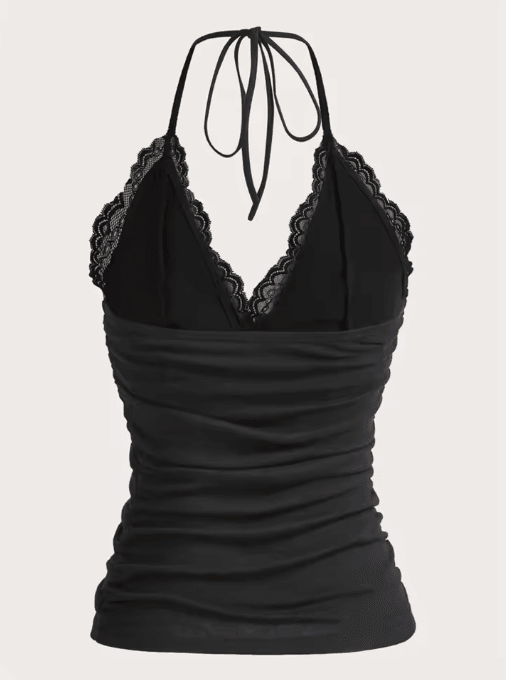 Lace V-Neck Backless Ruched Halter Crop Top Grunge Goth Y2K Streetwear for Women