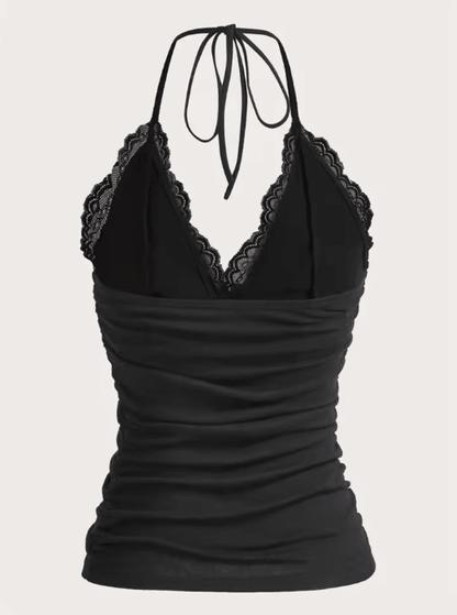 Lace V-Neck Backless Ruched Halter Crop Top Grunge Goth Y2K Streetwear for Women