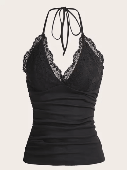 Lace V-Neck Backless Ruched Halter Crop Top Grunge Goth Y2K Streetwear for Women