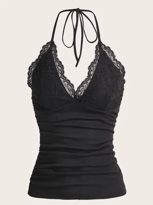 Lace V-Neck Backless Ruched Halter Crop Top Grunge Goth Y2K Streetwear for Women