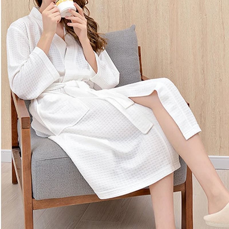 Unisex Waffle Knit Bathrobe – Breathable Summer Thin Robe & Plaid Dressing Gown for Men and Women