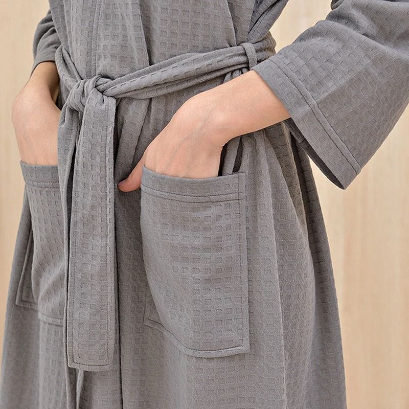 Unisex Waffle Knit Bathrobe – Breathable Summer Thin Robe & Plaid Dressing Gown for Men and Women