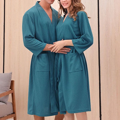Unisex Waffle Knit Bathrobe – Breathable Summer Thin Robe & Plaid Dressing Gown for Men and Women