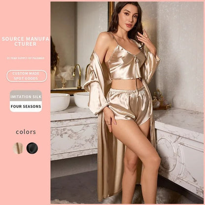 3PCS Sexy Satin Pajama Set – Elegant Nightgown, Sling Top, and Shorts Robe for Women