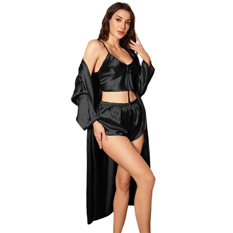 3PCS Sexy Satin Pajama Set – Elegant Nightgown, Sling Top, and Shorts Robe for Women