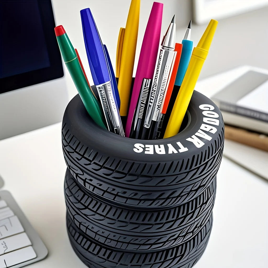 PVC Tire Shaped Pen Holder Fun Desk Organizer for Office and School Supplies
