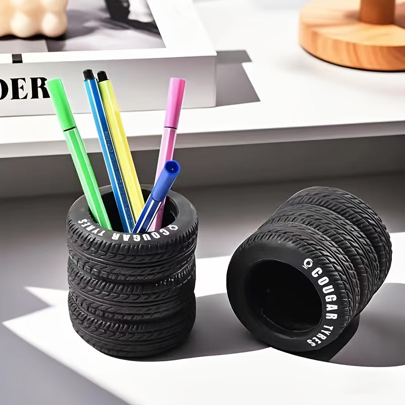 PVC Tire Shaped Pen Holder Fun Desk Organizer for Office and School Supplies