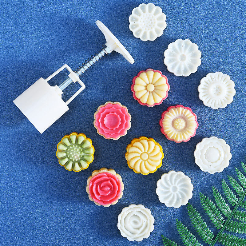 Mooncake Mold Set with Flower Pattern Stamps – Ideal for DIY Mid-Autumn Cakes, Cookies, and Desserts