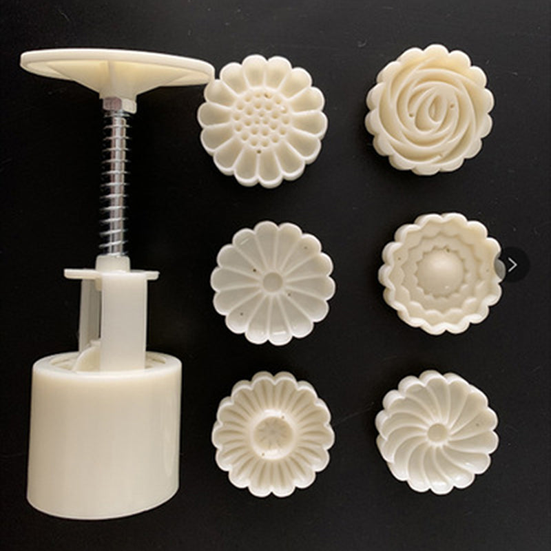 Mooncake Mold Set with Flower Pattern Stamps – Ideal for DIY Mid-Autumn Cakes, Cookies, and Desserts