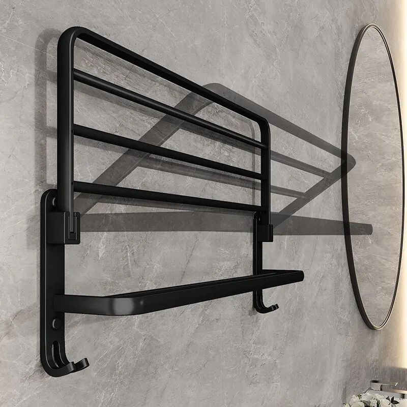 Matte Black Folding Towel Rack with Hook – 50cm Wall Mounted Aluminum Towel Holder