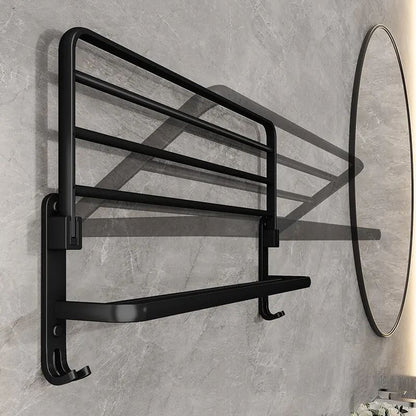 Matte Black Folding Towel Rack with Hook – 50cm Wall Mounted Aluminum Towel Holder