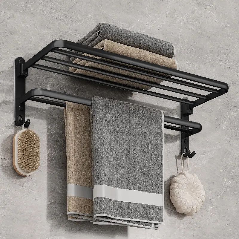 Matte Black Folding Towel Rack with Hook – 50cm Wall Mounted Aluminum Towel Holder