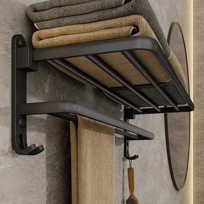 Matte Black Folding Towel Rack with Hook – 50cm Wall Mounted Aluminum Towel Holder