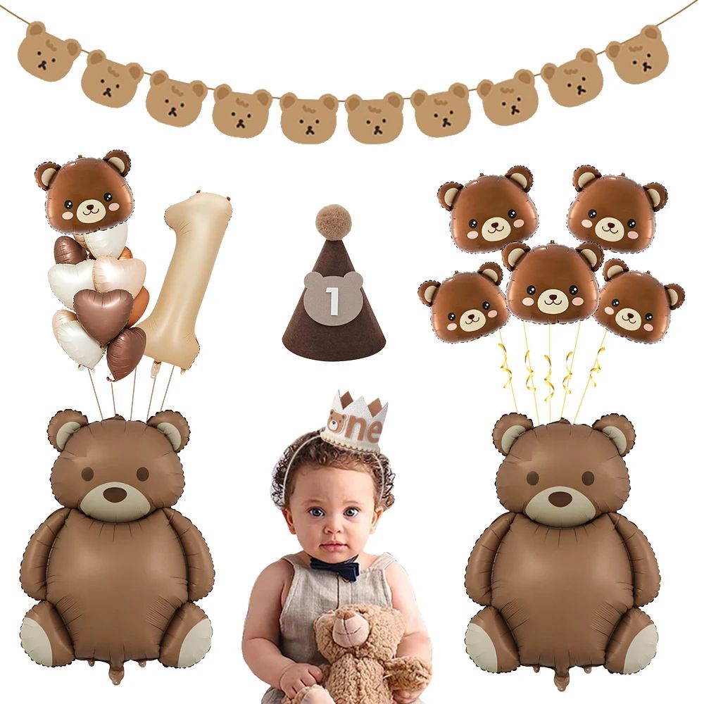 Coffee Brown Teddy Bear Balloon and Number Heart Balloon Set – Party Decorations