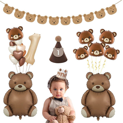 Coffee Brown Teddy Bear Balloon and Number Heart Balloon Set – Party Decorations