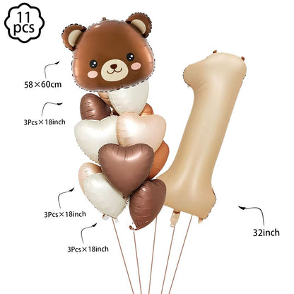 Coffee Brown Teddy Bear Balloon and Number Heart Balloon Set – Party Decorations