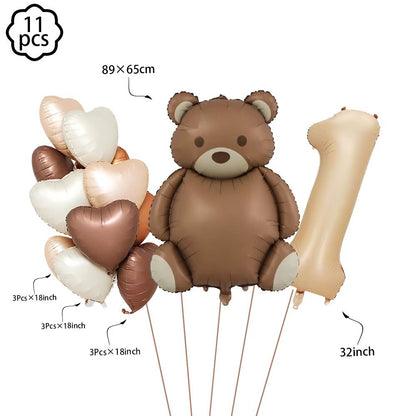 Coffee Brown Teddy Bear Balloon and Number Heart Balloon Set – Party Decorations