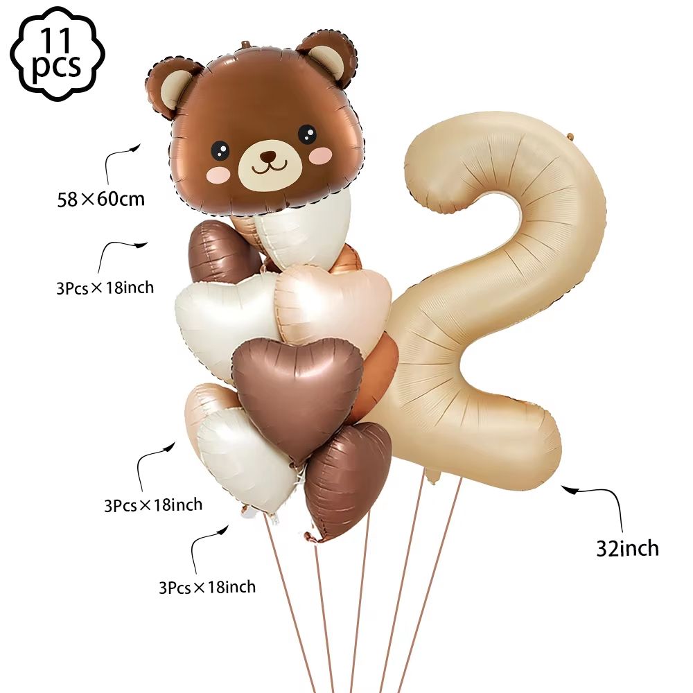 Coffee Brown Teddy Bear Balloon and Number Heart Balloon Set – Party Decorations