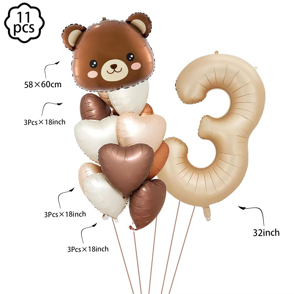 Coffee Brown Teddy Bear Balloon and Number Heart Balloon Set – Party Decorations