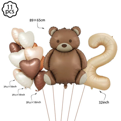 Coffee Brown Teddy Bear Balloon and Number Heart Balloon Set – Party Decorations