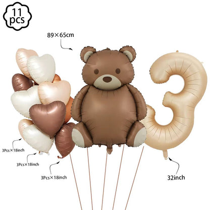 Coffee Brown Teddy Bear Balloon and Number Heart Balloon Set – Party Decorations