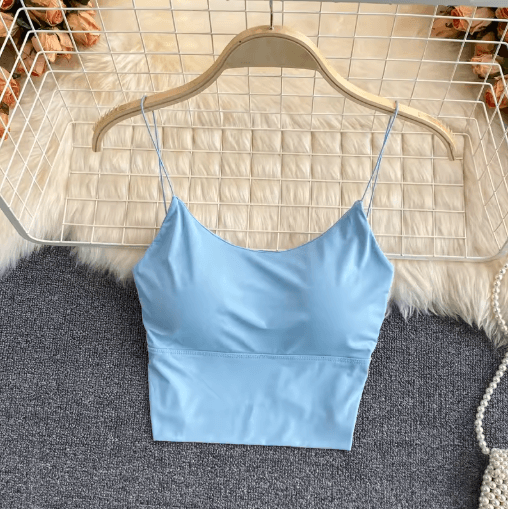 Ice Silk Built-In Bra Crop Top Summer Sports Spaghetti Strap Camisole