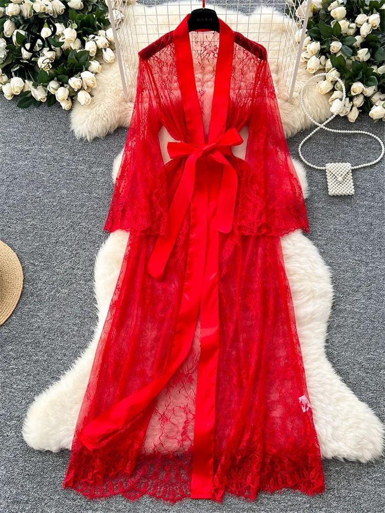 SINGREINY Elegant Sheer Cardigan Long Robe – Transparent Sensual Lace & Fashion Solid Long Sleeve Robe