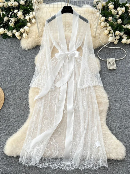 SINGREINY Elegant Sheer Cardigan Long Robe – Transparent Sensual Lace & Fashion Solid Long Sleeve Robe