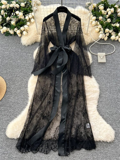 SINGREINY Elegant Sheer Cardigan Long Robe – Transparent Sensual Lace & Fashion Solid Long Sleeve Robe