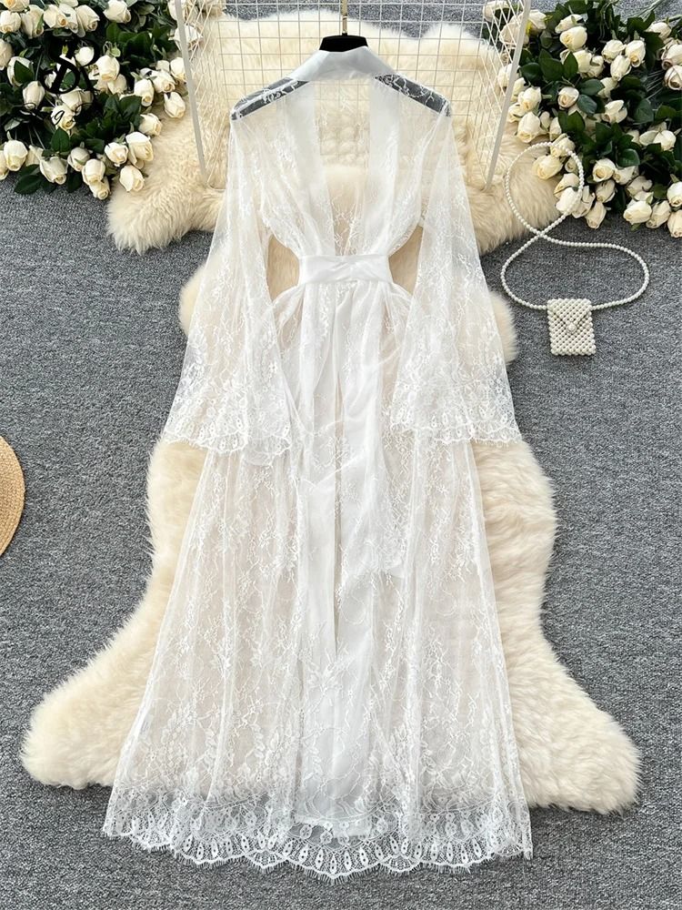SINGREINY Elegant Sheer Cardigan Long Robe – Transparent Sensual Lace & Fashion Solid Long Sleeve Robe