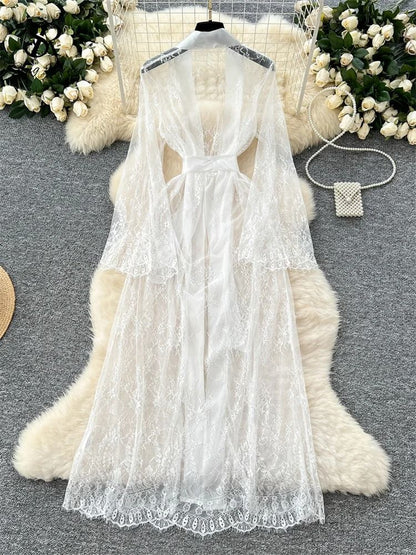 SINGREINY Elegant Sheer Cardigan Long Robe – Transparent Sensual Lace & Fashion Solid Long Sleeve Robe