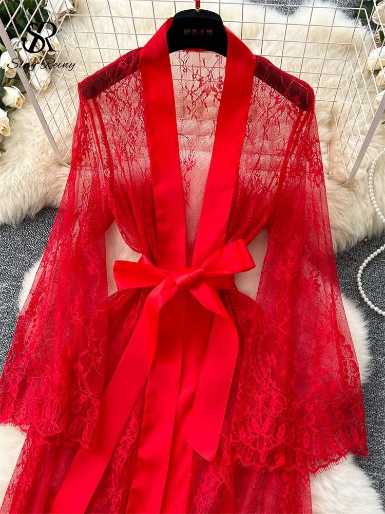 SINGREINY Elegant Sheer Cardigan Long Robe – Transparent Sensual Lace & Fashion Solid Long Sleeve Robe