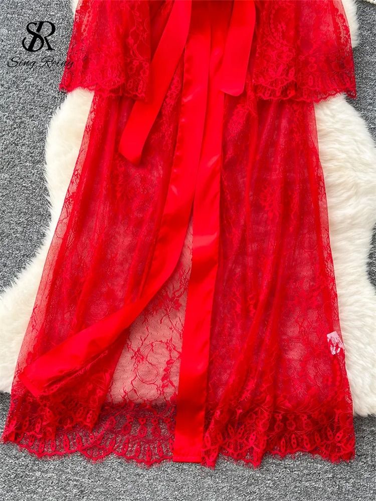 SINGREINY Elegant Sheer Cardigan Long Robe – Transparent Sensual Lace & Fashion Solid Long Sleeve Robe