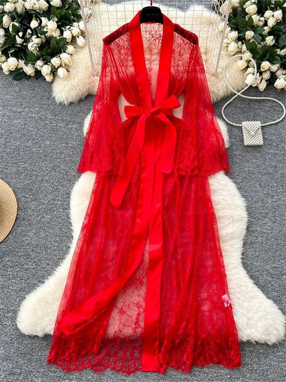 SINGREINY Elegant Sheer Cardigan Long Robe – Transparent Sensual Lace & Fashion Solid Long Sleeve Robe