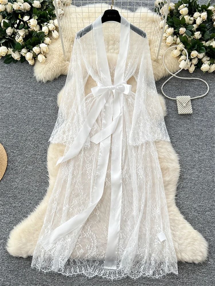 SINGREINY Elegant Sheer Cardigan Long Robe – Transparent Sensual Lace & Fashion Solid Long Sleeve Robe