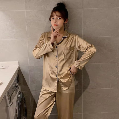 Silk Satin Couples Pajama Set – Luxury Long Sleeve Button Down Sleepwear for Women and Men