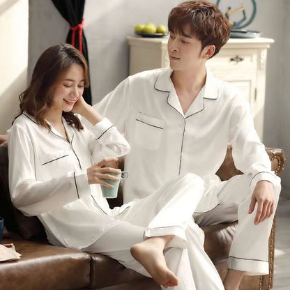 Silk Satin Couples Pajama Set – Luxury Long Sleeve Button Down Sleepwear for Women and Men