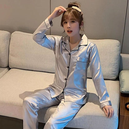 Silk Satin Couples Pajama Set – Luxury Long Sleeve Button Down Sleepwear for Women and Men