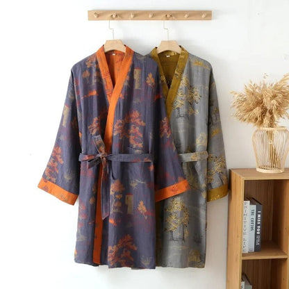 Men's Premium Cotton Kimono Robe – Breathable Jacquard Printed Spring/Summer Pajamas with Belt