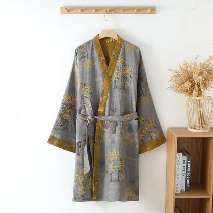 Men's Premium Cotton Kimono Robe – Breathable Jacquard Printed Spring/Summer Pajamas with Belt