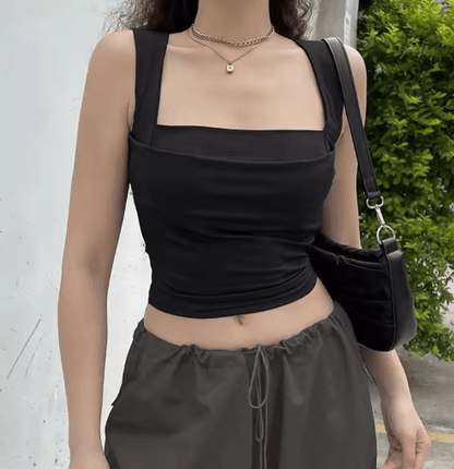 Womens Square Neck Low Cut Camisole Pleated Slim Fit Summer Top