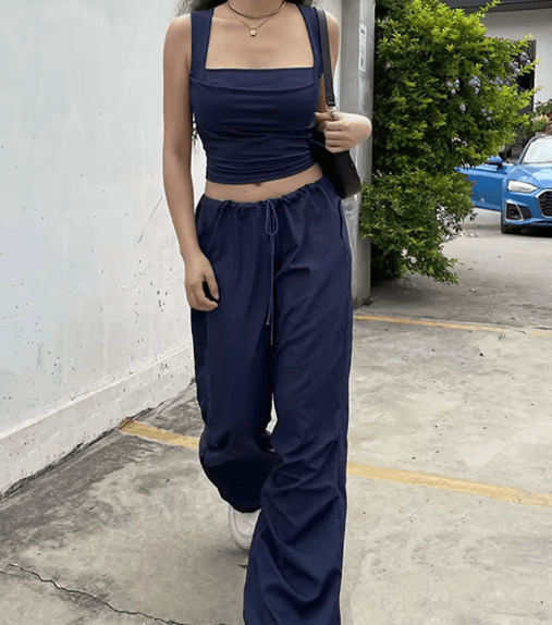 Womens Square Neck Low Cut Camisole Pleated Slim Fit Summer Top