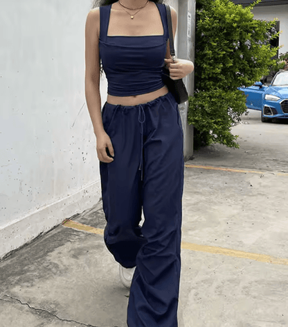 Womens Square Neck Low Cut Camisole Pleated Slim Fit Summer Top